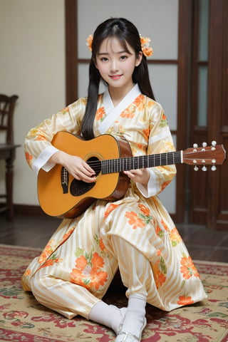 (1 2yo Singaporean girl playing with guitar with royal sister style), ((best quality, 8k, masterpiece: 1.3)), focus: 1.2, perfect body beauty: 1.4, (smile: 1.2), (old palace in korea: 1.5), highly detailed face and skin texture, delicate eyes, double eyelids, whitened skin, (air bangs: 1.3), (round face: 1.5), hanbok (top light orange and gold floral pattern short sleeve silk jeogori, intense white and white stripes silk very  tight leggings The goreum of the jeogori is light orange:1.4), Lucky bag and norigae on the waist, Korea hanbok style, Top and bottom completely separated, random model pose, Head size in proportion to the body, Young beauty spirit, inkGirl, Hanbok, clear border, Clothing made of very thin silk, ((full body shot1.2)), FilmGirl, xxmix_girl, kwon-nara, cutegirlmix,cutegirlmix,kwon-nara, Asian Girl, Asian Woman