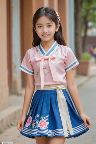 (1 2 year Indian child girl running in busy street playing with his boyfriend with royal sister style), ((best quality, 16K, masterpiece: 1.3)), focus: 1.2, perfect body beauty: 1.4, (smile: 1.2), (old palace in india: 1.5), highly detailed face and skin texture, delicate blue eyes, double eyelids, whitened skin, (air bangs: 1.3), (round face: 1.5), hanbok (top light pink and white floral pattern short sleeve silk top,intense blue and white stripes silk very  tight short skirt The goreum of the top is light blue:1.4), Lucky bag and norigae on the waist, indian hanbok style, Top and bottom completely separated, random model pose, Head size in proportion to the body, Young beauty spirit, inkchild girl, Hanbok, clear border, Clothing made of very thin silk, ((full body shot1.2)), Filmbaby girl, xxmix_girl, kwon-nara, cutegirlmix,cutegirlmix,kwon-nara, Asian Girl, Asian baby