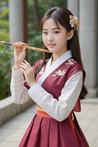 (1 2 year Singaporean baby girl playing flute with royal sister style), ((best quality, 8k, masterpiece: 1.3)), focus: 1.2, perfect body beauty: 1.4, (smile: 1.2), (old palace in korea: 1.5), highly detailed face and skin texture, delicate eyes, double eyelids, whitened skin, (air bangs: 1.3), (round face: 1.5), hanbok (top light maroon and gold floral pattern short sleeve silk top,intense white and white stripes silk very  tight  jeans The goreum of the jeogori is light orange:1.4), Lucky bag and norigae on the waist, Korea hanbok style, Top and bottom completely separated, random model pose, Head size in proportion to the body, Young beauty spirit, inkGirl, Hanbok, clear border, Clothing made of very thin silk, ((full body shot1.2)), FilmGirl, xxmix_girl, kwon-nara, cutegirlmix,cutegirlmix,kwon-nara, Asian Girl, Asian Woman