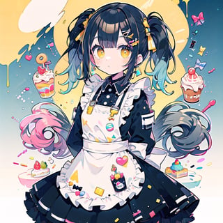 (masterpiece, best quality, highres:1.3), ultra resolution image, 8k, slender, design a cute girl, peace fingers, peace sign, (Phonk:1.3), girl taking a break, (Yellow-black hair:1.2), short twin ponytails, wearing ((frilled apron, candy and cake dress)), (arms behind back:1.3), from side, ((upper body, half body:1.1, focus on face)),expression design, perfect human anatomy, dynamic, partial version, color background,
