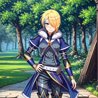 blonde hair, 1girl, blue hair, hair over one eye, multicolored hair, solo, blue eyes, armor, short hair, mole, mole under eye, fur trim, claire-liver020, blue armor, boots, forest, pink trees, fantasy