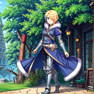 blonde hair, 1girl, blue hair, hair over one eye, multicolored hair, solo, blue eyes, armor, short hair, mole, mole under eye, fur trim, claire-liver020, blue armor, boots, forest, pink trees, fantasy