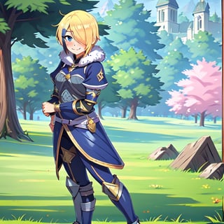 blonde hair, 1girl, blue hair, hair over one eye, multicolored hair, solo, blue eyes, armor, short hair, mole, mole under eye, fur trim, claire-liver020, blue armor, boots, forest, pink trees, fantasy, smile, blushing, nervious