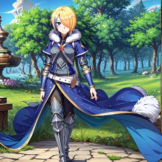 blonde hair, 1girl, blue hair, hair over one eye, multicolored hair, solo, blue eyes, armor, short hair, mole, mole under eye, fur trim, claire-liver020, blue armor, boots, forest, pink trees, fantasy