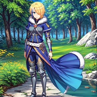 blonde hair, 1girl, blue hair, hair over one eye, multicolored hair, solo, blue eyes, armor, short hair, mole, mole under eye, fur trim, claire-liver020, blue armor, boots, forest, pink trees, fantasy