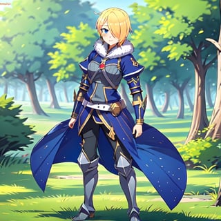 blonde hair, 1girl, blue hair, hair over one eye, multicolored hair, solo, blue eyes, armor, short hair, mole, mole under eye, fur trim, claire-liver020, blue armor, boots, forest, pink trees, fantasy