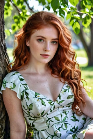 photograph, natural lighting, a beautiful woman around 20 years old with wavy red hair and green eyes, wearing a white floral dress, sitting under a tree, sharp focus, 8k, hdr, masterpiece, highest quality,