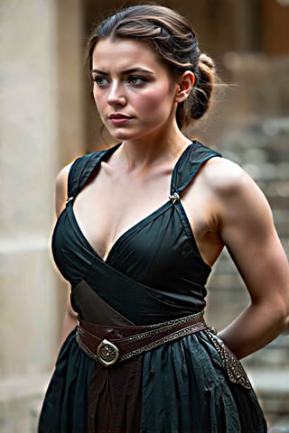 Foto RAW, Arya Stark, Extremely gorgeous lady, Arya Stark PLAYED BY MAISIE WILLIAMS, Queen Arya Stark, she  a mature woman now, milf, sexy mediaeval battle dress, gladiator woman, body, 40 years old Woman, body revealing costumes, perky breast, big natural breast, erotic costumes, lusty physique, seductive figure can capture every people's attention, Game of thrones costumes, revealing captivating figure, Mediaeval costumes, revealing clothes, A tomboy, she would rather fence than dance, warrior queen , game of thrones screen caps, Game of Thrones Series, (pele altamente detalhada: 1.2), 8k UHD, DSLR, soft-lighting, alta qualidade, grain of film, Fujifilm XT3, flawless picture, highly detailed, detailed Beauty, intricate, 32k, sharp picture,