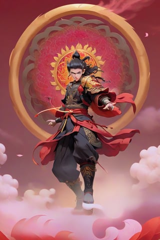 cinematic, ultra realistic, a little Chinese boy, short black hair, lighting as part of human body, red armor, ((holding weapon with spear on fire)), ((Wearing a golden circle from the left shoulder to the right side of the knee)), sparks and surges, good and clear facial features, (((light red aura flower of life as read geometry background))), ready to print, vibrant, Sci-fi, Leonardo Style, high_mountain, (step hot wheels), glowing aura, (red strips of cloth are flying around, red strips embrace his silhouette), light particles,magic circle, (floating_aura:1.4), energy spiral, fantastic atmosphere, fantastic sense of light, science fiction, bloom, Bioluminescent, liquid, floating_fragments:1.3, (depth_of_field:1.4), mythical clouds, ((rainbow_cloud))