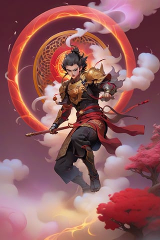 cinematic, ultra realistic, a little Chinese boy, short black hair, lighting as part of human body, red armor, ((holding weapon with spear on fire)), ((Wearing a golden circle from the left shoulder to the right side of the knee)), sparks and surges, good and clear facial features, (((light red aura flower of life as read geometry background))), ready to print, vibrant, Sci-fi, Leonardo Style, high_mountain, (step hot wheels), glowing aura, (red strips of cloth are flying around, red strips embrace his silhouette), light particles,magic circle, (floating_aura:1.4), energy spiral, fantastic atmosphere, fantastic sense of light, science fiction, bloom, Bioluminescent, liquid, floating_fragments:1.3, (depth_of_field:1.4), mythical clouds, ((rainbow_cloud))