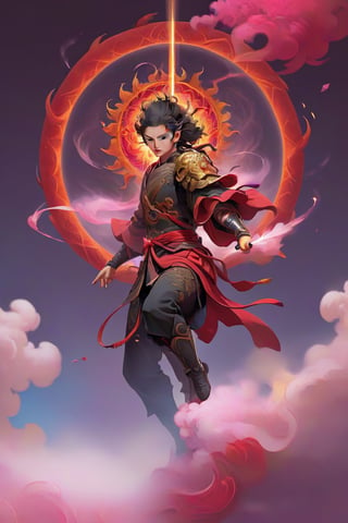 cinematic, ultra realistic, a little Chinese boy, short black hair, lighting as part of human body, red armor, ((holding weapon with spear on fire)), ((Wearing a golden circle from the left shoulder to the right side of the knee)), sparks and surges, good and clear facial features, (((light red aura flower of life as read geometry background))), ready to print, vibrant, Sci-fi, Leonardo Style, high_mountain, (step hot wheels), glowing aura, (red strips of cloth are flying around, red strips embrace his silhouette), light particles,magic circle, (floating_aura:1.4), energy spiral, fantastic atmosphere, fantastic sense of light, science fiction, bloom, Bioluminescent, liquid, floating_fragments:1.3, (depth_of_field:1.4), mythical clouds, ((rainbow_cloud))