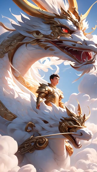 short black hair, thick eyebrows, soft, a golden dragon, mythology, medieval, fantasy, young, Asian men, masculine, manly, dark fantasy, high fantasy, gold armor, defined jawline, red eyes, handsome male, facing in front, photorealistic, 8k, cinematic lighting, very dramatic, soft aesthetic, innocent, ((A man wearing golden metal plate armor walks on a golden dragon against a background surrounded by clouds)), (Lightning twines around),