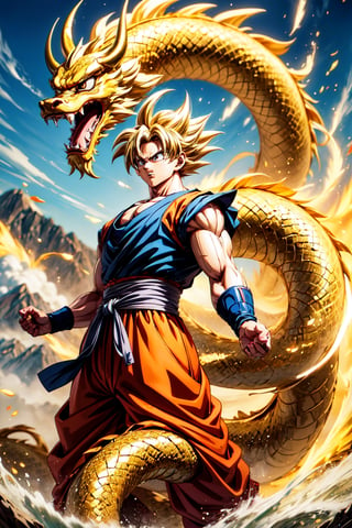 A powerful Goku stands atop a majestic golden Chinese dragon, his aura radiating with boundless energy. The intricate scales of the dragon shimmer in the sunlight, while Goku's determined expression shows his readiness for battle.
(Masterpiece, Best Quality, 8k:1.2), (Ultra-Detailed, Highres, Extremely Detailed, Absurdres, Incredibly Absurdres, Huge Filesize:1.1), (Anime Style:1.3), , Golden oriental dragon