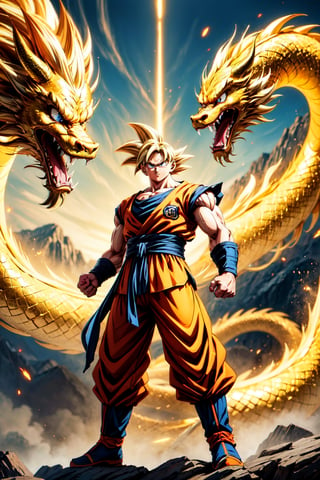 A powerful Goku stands atop a majestic golden Chinese dragon, his aura radiating with boundless energy. The intricate scales of the dragon shimmer in the sunlight, while Goku's determined expression shows his readiness for battle.
(Masterpiece, Best Quality, 8k:1.2), (Ultra-Detailed, Highres, Extremely Detailed, Absurdres, Incredibly Absurdres, Huge Filesize:1.1), (Anime Style:1.3), , Golden oriental dragon