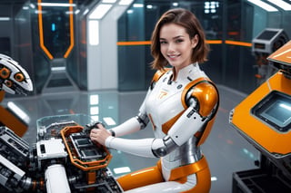 Generating ultra-realistic images of female robots. spcrft, smiling, brown hair, (transparent part), chrometech, ((panoramic top view: 1.5)), ((orange and white metal set)), ((glass elements)), sitting in the mechanical repair room of the spaceship, A hand holding a futuristic power tool, futuristic minimalist interior design,