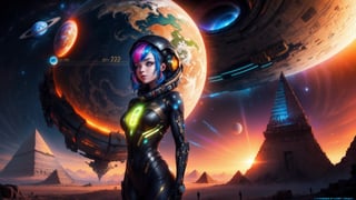 "((Futuristic girl)) immersed in Egypt Cyberstyle, a sleek blend of ancient and cyberpunk elements, standing against a backdrop of a ((fantastic planetscape)) in space, illuminated by the cyber-infused golden hour, ((science fiction masterpiece)), ((vibrant colors)), detailed composition, (best quality)