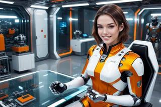 Generating ultra-realistic images of female robots. spcrft, smiling, brown hair, (transparent part), chrometech, ((panoramic top view: 1.5)), ((orange and white metal set)), ((glass elements)), sitting in the mechanical repair room of the spaceship, A hand holding a futuristic power tool, futuristic minimalist interior design,