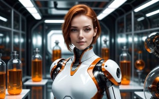 Generating ultra-realistic images of female robots. spcrft, smiling, brown hair, (transparent part), chrometech,((orange and white metal set)), ((glass elements)),Standing in the biological laboratory of the spaceship,There are many alien creatures in glass bottles, futuristic minimalist interior design,