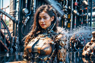 Female,standing,street,brass,(goggle),goat horns on head,15-year-old,bangs,a little smiles,mechanical arm,smallest breast,thighs,crotch,knees,longest hair,ponytail,from below,Mecha body,STEAM PUNK