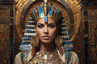 Generate a visually dynamic beauty shot but as if she was real by incorporating mosaic patterns or elements. photorealistic full body portrait hyper realistic image of egyptian old queen, Whether through makeup, props, or background, introduce a mosaic-inspired theme to add complexity and visual interest to the composition. looking seriously at the viewer, extreme realism, award-winning photo, sharp focus, detailed, intricate,art_booster