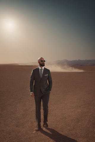 A very hot wind is blowing over a desert landscape. He is nice, young, close to 36 years old, bald, full beard, sunglasses, strong, serious, successful. he is wearing an official suit. Magic realism, mysterious, hot. Cinematic Lighting.