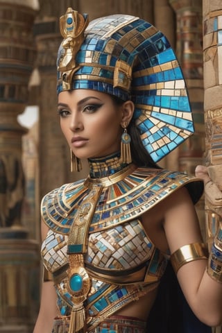 Generate a visually dynamic beauty shot as if she was real by incorporating mosaic patterns or elements. photorealistic full body portrait hyper realistic image of egyptian queen, Whether through makeup, props, or background, introduce a mosaic-inspired theme to add complexity and visual interest to the composition. looking seriously at the viewer, extreme realism, award-winning photo, sharp focus, detailed, intricate,art_booster