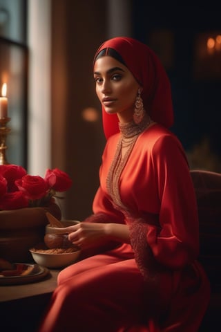 beautiful realistic 20 years old hejab girl. She's seated and holding a Bouquet of fresh red flowers, The atmosphere exudes warmth, creating a welcoming space.

Our influencer, dressed in elegant attire, The scene captures the perfect blend of luxury and comfort, showcasing her ability to curate a sophisticated lifestyle. 

Soft, warm light bathes the scene, casting gentle shadows and infusing the setting with a hyper-realistic ambiance. The glow accentuates the influencer's features, creating a captivating and visually appealing image.

Paying meticulous attention to hyper-realistic details is crucial. Capture the steam rising from the carefully prepared dish, the reflections on the laptop screen, and any other nuances that enhance the authenticity of the scene.
