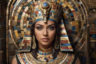 Generate a visually dynamic beauty shot but as if she was real by incorporating mosaic patterns or elements. photorealistic full body portrait hyper realistic image of egyptian old queen, Whether through makeup, props, or background, introduce a mosaic-inspired theme to add complexity and visual interest to the composition. looking seriously at the viewer, extreme realism, award-winning photo, sharp focus, detailed, intricate,art_booster