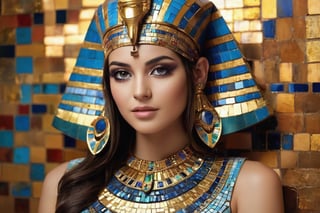 egyptian girl of 60th, Generate hyper realistic image of a visually dynamic beauty shot by incorporating mosaic patterns or elements. Whether through makeup, props, or background, introduce a mosaic-inspired theme to add complexity and visual interest to the composition.