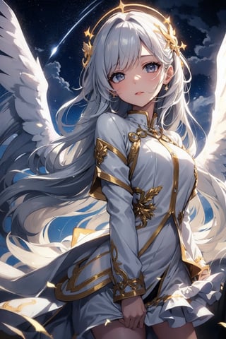 cute girl, cute lady, cloudy background, in the sky, golden white fantasy jacket, silver hair, angel girl, cute face,  starry sky, angel wings, wings, ambient lighting, cinematic lighting, clouds