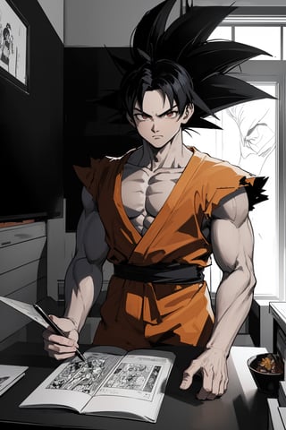 Son Goku, Goku Drawing a Manga, drawing a comic book, bedroom, ambient lighting, cinematic lighting, black hair, big wide eyes, muscular male, on a table, perfect, goku drawing a manga, happy goku, manga, happy 