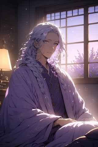 cute male, cute man, long royal robes, kimono, purple kimono, lavenders, bedroom, ambient lighting, cinematic lighting, big wide eyes, cute face, braided silver hair, bedroom window, sunlight, tall man