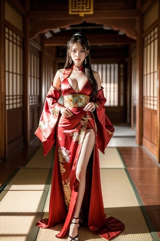 beautiful 18 year old japan girl, Best quality, 1080P, masterpiece, ultra high res, (photorealistic:1.4), raw photo, glowing skin, full body, ear_rings, big breasts, Detailedface,  background, wear Chinese Tang costume,ancient_chinese_indoors