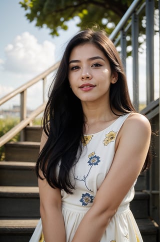 1girl, solo, long hair, looking at viewer, smile, black hair, dress, holding, brown eyes, outdoors, sky, day, cloud, tree, blue sky, lips, animal, floral print, cat, plant, building, stairs, realistic, fence, railing, yellow dress, house, holding animal