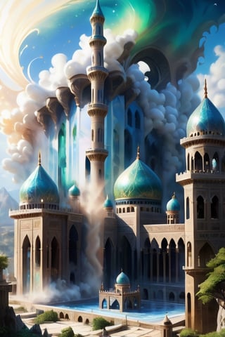 Build a mosque, Great castle, art photography, impressionism, an airbrush painting, masterpiece 8k wallpapper, visionary art style, depth of field, 64 megapixels, detailed painting, splash art, atmospheric dreamscape painting, intricate ornate anime cgi style focus, an oil painting