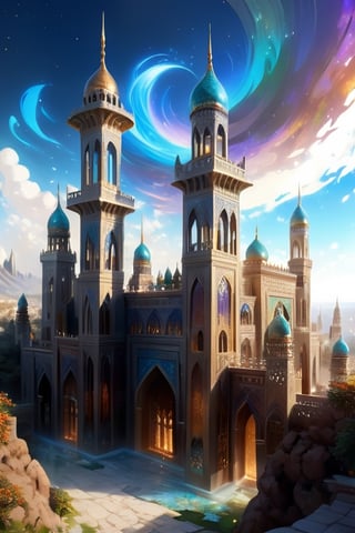 Build a mosque, Great castle, art photography, impressionism, an airbrush painting, masterpiece 8k wallpapper, visionary art style, depth of field, 64 megapixels, detailed painting, splash art, atmospheric dreamscape painting, intricate ornate anime cgi style focus, an oil painting