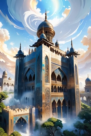 Build a mosque, Great castle, art photography, impressionism, an airbrush painting, masterpiece 8k wallpapper, visionary art style, depth of field, 64 megapixels, detailed painting, splash art, atmospheric dreamscape painting, intricate ornate anime cgi style focus, an oil painting