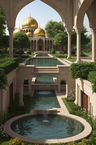 A beautiful mosque golden colour, surrounded by beautiful gardens and eight domes will look like a heavenly house with fountains and rivers flowing along its sides.