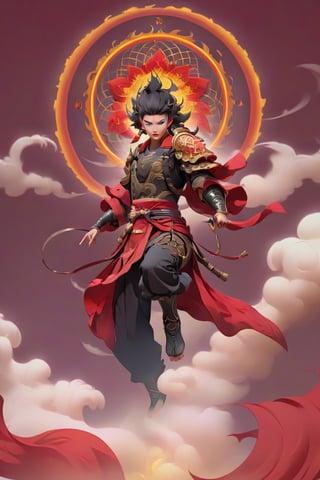 cinematic, ultra realistic, a little Chinese boy, short black hair, lighting as part of human body, red armor, ((holding weapon with spear on fire)), ((Wearing a golden circle from the left shoulder to the right side of the knee)), sparks and surges, good and clear facial features, (((light red aura flower of life as read geometry background))), ready to print, vibrant, Sci-fi, Leonardo Style, high_mountain, (step hot wheels), glowing aura, (red strips of cloth are flying around, red strips embrace his silhouette), light particles,magic circle, (floating_aura:1.4), energy spiral, fantastic atmosphere, fantastic sense of light, science fiction, bloom, Bioluminescent, liquid, floating_fragments:1.3, (depth_of_field:1.4), mythical clouds, ((rainbow_cloud))