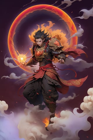 cinematic, ultra realistic, a little Chinese boy, short black hair, lighting as part of human body, red armor, ((holding weapon with spear on fire)), ((Wearing a golden circle from the left shoulder to the right side of the knee)), sparks and surges, good and clear facial features, (((light red aura flower of life as read geometry background))), ready to print, vibrant, Sci-fi, Leonardo Style, high_mountain, (step hot wheels), glowing aura, (red strips of cloth are flying around, red strips embrace his silhouette), light particles,magic circle, (floating_aura:1.4), energy spiral, fantastic atmosphere, fantastic sense of light, science fiction, bloom, Bioluminescent, liquid, floating_fragments:1.3, (depth_of_field:1.4), mythical clouds, ((rainbow_cloud))