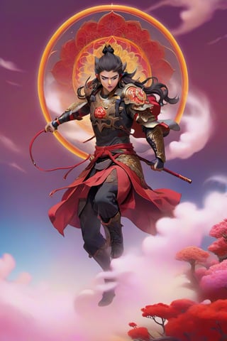 cinematic, ultra realistic, a little Chinese boy, short black hair, lighting as part of human body, red armor, ((holding weapon with spear on fire)), ((Wearing a golden circle from the left shoulder to the right side of the knee)), sparks and surges, good and clear facial features, (((light red aura flower of life as read geometry background))), ready to print, vibrant, Sci-fi, Leonardo Style, high_mountain, (step hot wheels), glowing aura, (red strips of cloth are flying around, red strips embrace his silhouette), light particles,magic circle, (floating_aura:1.4), energy spiral, fantastic atmosphere, fantastic sense of light, science fiction, bloom, Bioluminescent, liquid, floating_fragments:1.3, (depth_of_field:1.4), mythical clouds, ((rainbow_cloud))