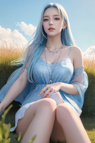 photorealistic, masterpiece, best quality, raw photo,medium distance, 1girl, solo, long hair, sky blue hair, detailed face, alluring face, long frog covering legs, medium breasts, sitting pose on red grass, looking upward at the sky,holding pencil in hand that touching lips,from below, detailed background, fine detailed, intricate detail,  ray tracing, depth of field, low key, silver necklace holding in mouth,hdr,Color Booster, 