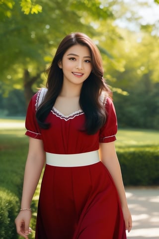 indian village girl dressed as maid, light golden-brown hairs,smily face, housemaid, walking on the flower park, red indian dress, attractive, flirting, looking at viewer, portrait, photography, detailed skin, realistic, photo-realistic, 8k, highly detailed, full length frame, High detail RAW color art, diffused soft lighting, shallow depth of field, sharp focus, hyperrealism, cinematic lighting