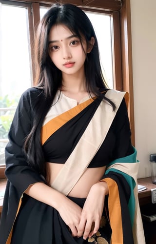 beautiful cute young attractive indian teenage girl, village girl, 18 years old, cute, Instagram model, long black_hair, colorful hair, warm, dacing, drink in home , indian , she wrore  colourfull saree