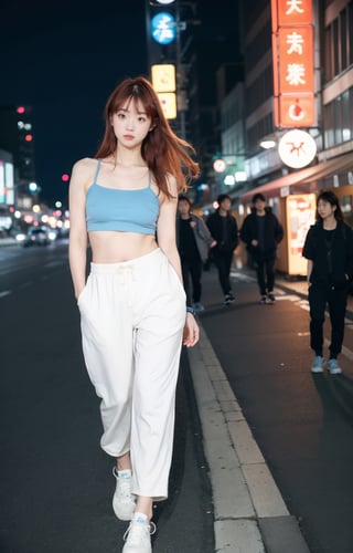 1 French-Japanese  girl, full body, small breasts, looking at viewer, blue eyes, long ginger hair, standing, navy baggy ankle long jogger pants, strapless pastel tube top, sneakers, ,downtown, twilight time, late night, bokeh, neon lights, show tits,walking, dynamic pose