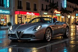 Aesthetic photo of Alfa Romeo 8C SPIDER, sporty, perfect lighting, Miami, high detail, epic, motion blur, 8K UHD, raining, night, parked on the side of the road stationary, neon lights, light reflections on the car