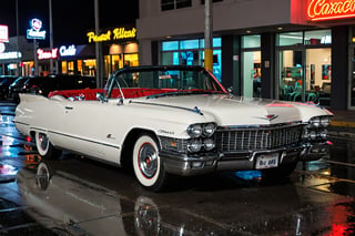 Aesthetic photo of 1960 cadillac eldorado biarritz convertible, sporty, perfect lighting, Miami, high detail, epic, motion blur, 8K UHD, raining, night, parked on the side of the road stationary, neon lights, light reflections on the car