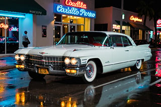 Aesthetic photo of 1960 Cadillac El Dorado Biarritz, sporty, perfect lighting, Miami, high detail, epic, motion blur, 8K UHD, raining, night, parked on the side of the road stationary, neon lights, light reflections on the car