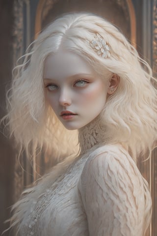 (best quality, 4k, 8k, highres, masterpiece:1.2), A creepy yet intriguing digital illustration portrait of a albino pale young girl, pure white hair,
psychedelic long hair, She wears a sexy seductive white lace outfit with white fur accents, embodying the essence of allure and sensuality, ,valent_1314