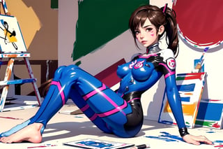 D.Va pilot, brown hair, ponytail, whisker marking, prostration, wide hip, bodypaint, body painting suit, ((thin painting)), ((partially erased painting)), shaved pussy, nipple, AG, uniformsbodypaint